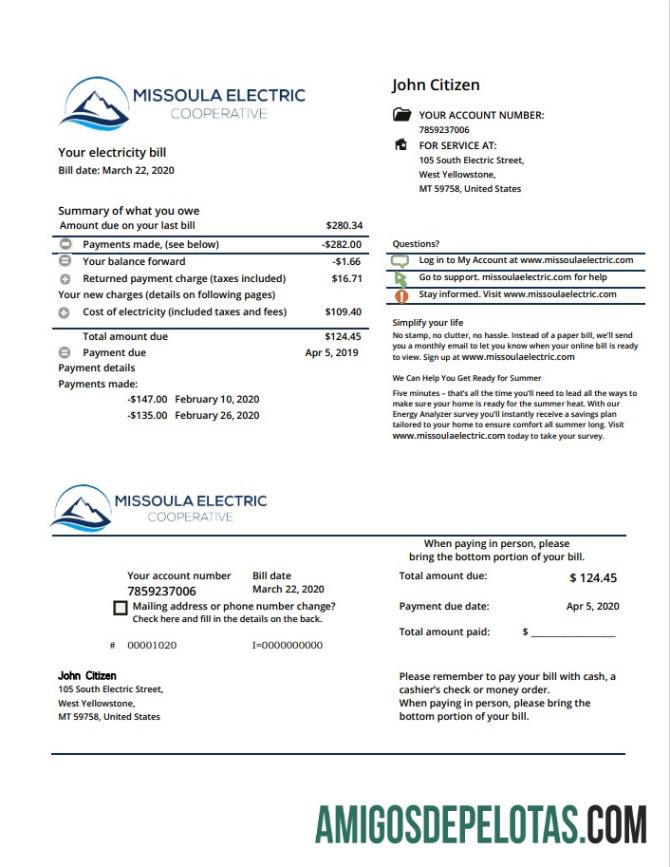 Para baixar modelo de conta de serviço público de eletricidade cooperativa americana Montana Missoula em formato Word e PDF